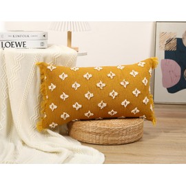 DRNOU Boho Long Lumbar Pillow Cover 14x20 with Tassel,3D Flower Patterned Cotton Decorative Long Lumbar Pillow Cover Pillow Case for Sofa Couch Bed Livingroom Farmhouse,Yellow