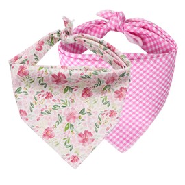 Lionet Paws Spring Dog Bandanas 2 Pack,Pink Washable Dog Triangle Bibs Scarf Dog Kerchief,Adjustable Flower Holiday Scarves for Medium Large Extra Large Dogs Pets, Flower&Grid