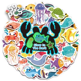59 Pcs Colorful Fishs Sea Animals Stickers Glow in the Dark, Vinyl Sea Animals Water Bottle Sticker Pack for Teens, Waterproof Skateboard Laptop Decals for Adults Students Kids Girls Boys Adults