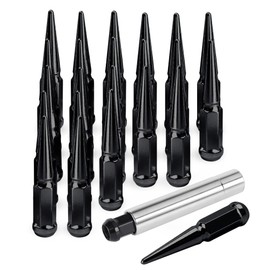 14x1.5 Spike Wheel Lug Nuts, 24pcs M14x1.5 Closed End Spike Lug Nut for Silverado 1500, Sierra 1500, F150, Black Conical Bulge Seat with 1 Socket Key
