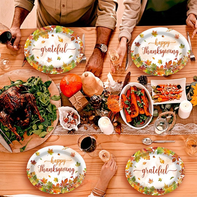 UROINEPA 50Pcs Thanksgiving Plates,12x10 Oval Fall Paper Plates Large Disposable