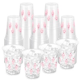 ZCPTZ 100 Pcs Pink Bow Disposable Plastic Cups, 12 oz Cute Bow Drinking Cup Bow Clear Plastic Cups for Pink Party Bridal Shower Wedding Birthday Party Supplies