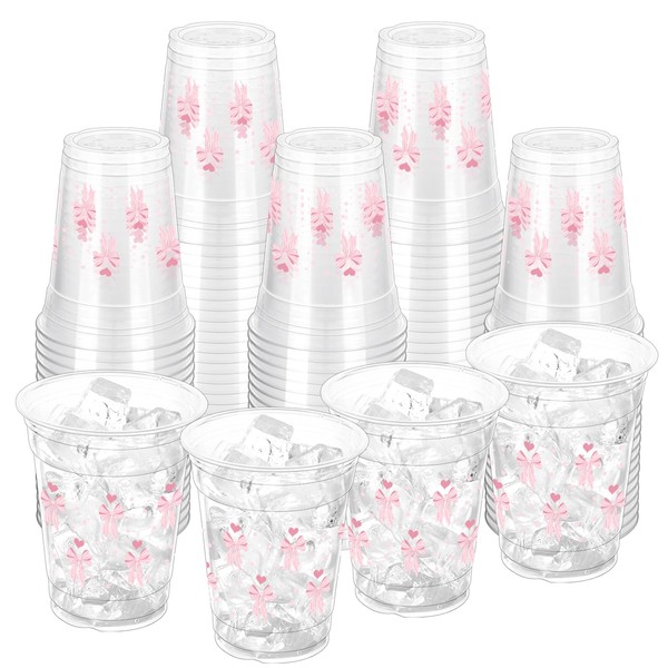 ZCPTZ 100 Pcs Pink Bow Disposable Plastic Cups, 12 oz
