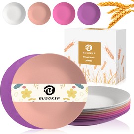 BUSOKIP Flat Plates 9 Inch Dinner Plates Set of 8, Lightweight Plastic Plate Reusable Microwave and Dishwasher Safe, Wheat Straw Plate for Kitchen - Rose Series