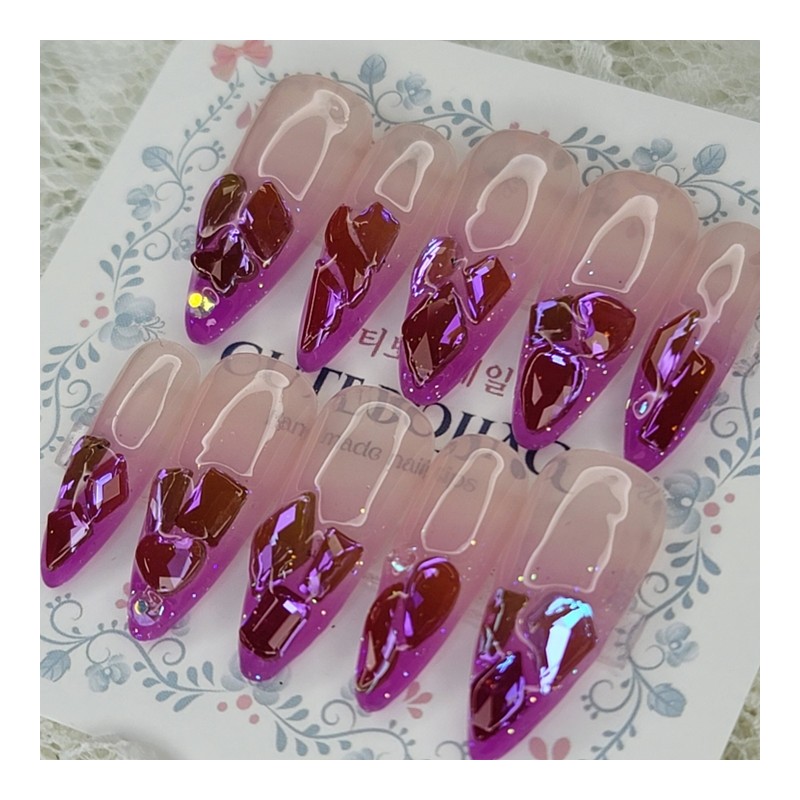 Glass bead purple gradient handmade nail tip - Oval M