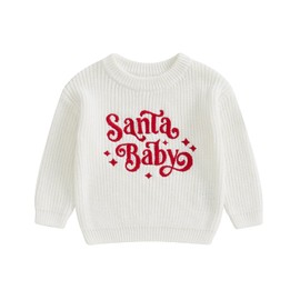 BULINGNA Infant Baby Girl Boy Christmas Sweater Long Sleeve Santa Baby Knitwear Oversized Pullover Tops Fall Winter Outfit (White, 0-6 Months)