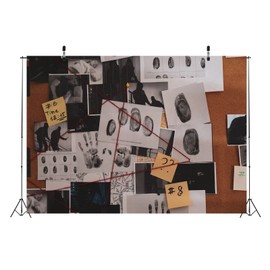 CORFOTO 8x6ft Fabric Spy Theme Backdrop Spy Detective Game Supplies Birthday Party Decorations Fingerprint Clues Evidence Decor Crime Scene Background Photo Booth Studio Props