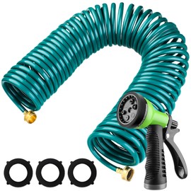 Pangda 100 Ft x 3/8'' Coil Garden Hose EVA Recoil Garden Self Coiling Expanding Water Hose with 6 Function Spray Nozzle Universal 3/4'' Brass Connector Fitting for Outdoor Yard(Green)