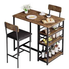 HIMISS Dining Bar Table Set for 2 with 3 Storage Shelves,Pub Bar Counter Table with 2 Footrest Chairs,Dining Table Set for 2,High Top Table and Chairs for 2 with Upholstered Chairs,36" Table - Color: Rustic Brown set-3pcs