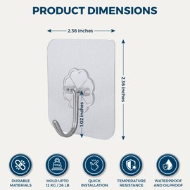 AMAZOPEN Self Adhesive Hooks - 12 Packs of Transparent Wall Door Hooks Stick On/Extra Strong Sticky Hooks for Hanging Coat, Cloth, Towel, Key and More