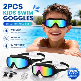 2-Pack Kids Swim Goggles with Earplugs – Anti-Fog UV400 Wide View Goggles for Ages 3–15