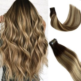 22Inch Ombre Brown Tape on Human Hair Extensions Highlightes Ash Brown with Bleach Blonde 100% Remy Tape in Hair Extensions Seamless Soft Straight Tape in Hair Extensions 60g/20pcs(#4T8P613)