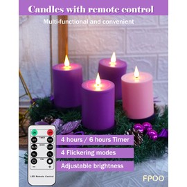 FPOO Advent Candles Battery Operated Set of 4, Flameless Candles with Remote Timer for Advent Wreath Church Décor (3‘’x 5‘’)