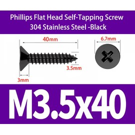 EBAIJQUO M3.5 * 40 Phillips Flat Head Wood Screws Black Xylan Coated 304 Stainless Steel Self-Tapping Screws for Wood Full Thread Woodworking fastener (50pcs)