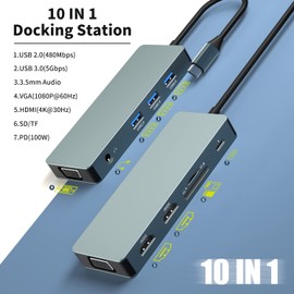 10 IN 1 USB-C Docking Station,USB Typ C to 4K 30Hz HDMI 1080P VGA, 100W PD, USB 2.0+USB3.0, SD/TF-Lesegerät, 3.5-mm-Audio für HP/MacBook/Dell/Lenovo-Laptops…