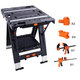 Portable Folding Work Table 2-in-1 Sawhorse & Workbench with 2 Clamps, 500-1000 lbs Capacity, Adjustable Height 28.4"-31.8", Aluminum Frame Black