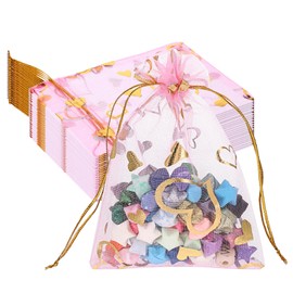 50PCS Sheer Heart Organza Bags Pink Mesh Drawstring Gift Bag 4''x6'' Heart Print Jewelry Pouches Candy Bags for Valentine's Mother's Christmas Wedding Party Favor Goodie Candy Treat Birthday