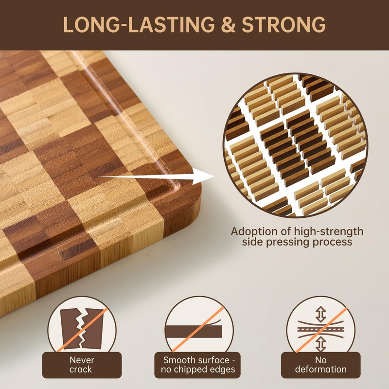 Bamboo Cutting Boards for Kitchen, End Grain Wood Cutting Board