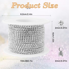 Ticeed 1 Crystal Rhinestone Chain 10 m x 2 mm Clear Trimming Claw Chain for Crafts DIY Jewellery Making with 100 Lobster Clasp Rhinestones for Sewing Border Ribbon Glitter Crafts (Silver and Crystal)