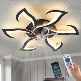 Ruibutrade Black Flower Modern Ceiling Fans with Lights, Low Profile Ceiling Fan with Remote for Bedroom, 32inch Flush Mount Ceiling Fan with LED Dimmable Light,6-Speeds, Timing Ceiling Fan Light