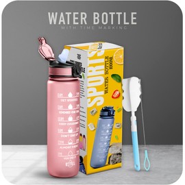 K-MART Sports Water Bottle with Straw and Time Marking, and 32OZ Capacity - Motivational and Eco-Friendly BPA-Free Bottle for Running, Gym, Yoga, Outdoors, and Camping (Style-1, Pink)