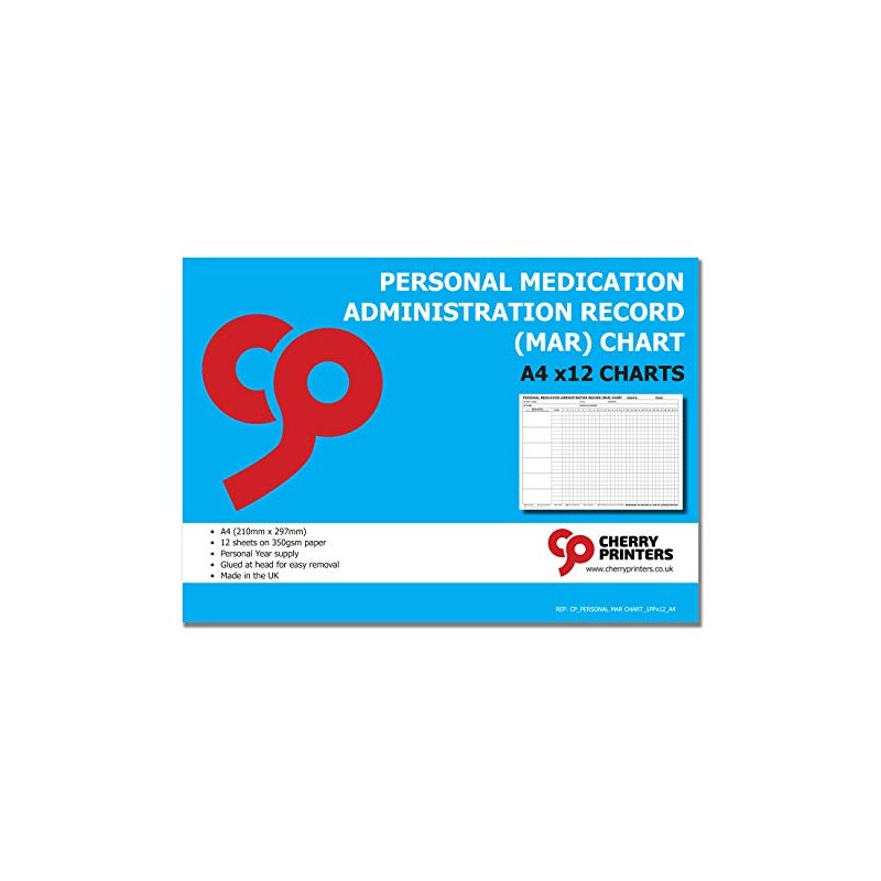 Cherry Personal MAR Chart (Medication Administration Record) Pad A4 12pages