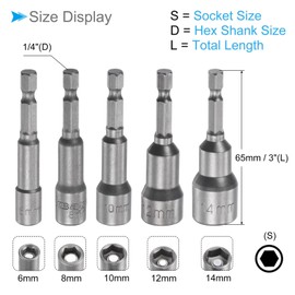 CoCud Quick-Change Nut Setter Driver Bit, 6/8/10/12/14mm Metric 65mm Length 1/4" Shank, CR-V Magnetic Straight Shank Setter Drill Bits - (Applications: for Auto Repair) - 5pieces
