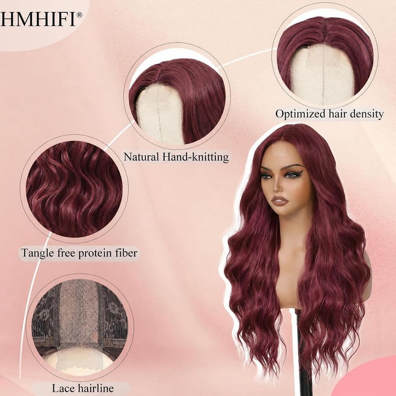 Red Wig for Women,26 Inch Wavy Curly Burgundy Middle Part