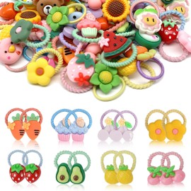Calkkrer Pack of 60 Colourful Hair Bobbles Girls Elastic Braid Bobbles Baby Hair Bobbles Children's Hair Bobbles with Flowers Hair Scrunchie with Fruit Motifs, Ponytail Hair Scrunchie Set