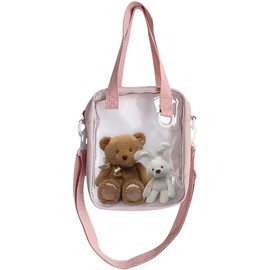 YUYAKESHI Bag, Showing Off Bag, Shoulder Bag, Pushing Activity, Cute, Stuffed Animals, 3-Way Outing, Pocket with Lid, One Side Transparent, Checkered Pattern, 6.7 x 9.1 x 3.1 inches (17 x 23 x 8 cm)