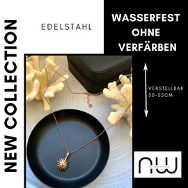 NataschaWoge® Sun Minimalist Jewellery Stainless Steel Gold Rose Gold Silver Chain Necklace + Pendant Gift for Her Hollow Sun Gold Chain, Stainless Steel