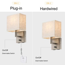 Bedside Wall Mount Light with Dimmer Switch and Two USB Charging Port,Fabric Linen Shade Wall Sconces Light with Plug in Cord and Satin Nickel Finish, Perfect for Bedroom, Living Room and Hotel