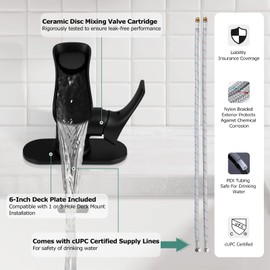 PARLOS Matte Black Single Handle Waterfall Bathroom Faucet with Swivel Spout, 1 Hole Vanity Sink Faucet with 6 inch Deck Plate and Water Supply Lines