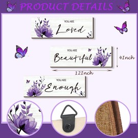 ONIZHITY Set of 3 Purple Bathroom Decor Purple Flower Girl Bedroom Wall Decor with You Are Loved Inspirational Quote Purple Floral for Girl Women Bedroom Living Room Kitchen Office(Purple 12x4)