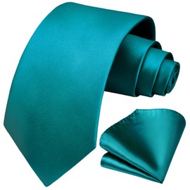 HISDERN Mens Ties Teal Silk Tie and Pocket Square Set Classic Formal Aqua Solid Necktie & Handkerchief for Wedding Business with Gift Box