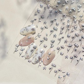 1 Sheets 5D Embossed Flower Nail Stickers for Nail Art Self Adhesive French Tip Nail Art Stickers Spring Summer Floral Nail Decals Three Leaf Flowers French Line Nail Design for Women