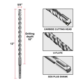 SALI 5 Pcs 5/8"*12" SDS Plus Rotary Hammer Drill Bit Concrete Drill Bit Kit Cross-Type Double Thread Carbide Material Suitable for Concrete, Brick, Cement Walls, Stone, Hammer Drill Bits for Concrete