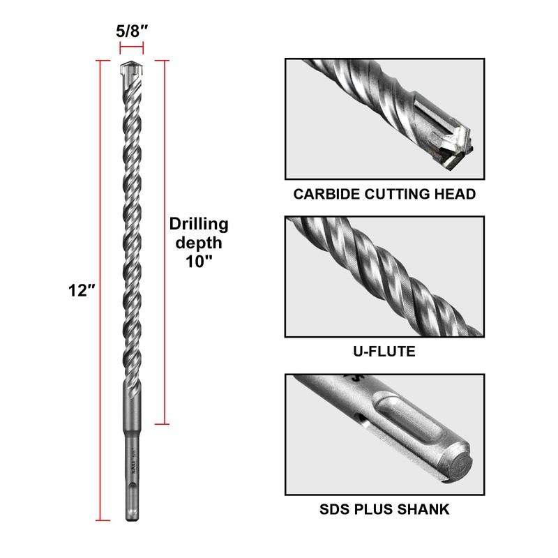 SALI 5 Pcs 5/8"*12" SDS Plus Rotary Hammer Drill Bit