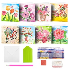 MEDOYOH 8PCS DIY Diamond Painting Greeting Card with Envelopes, Diamond Painting Blank Art Cards for Birthday Mother's Day Christmas Anniversary Thanksgiving, Bike and Flowers 10
