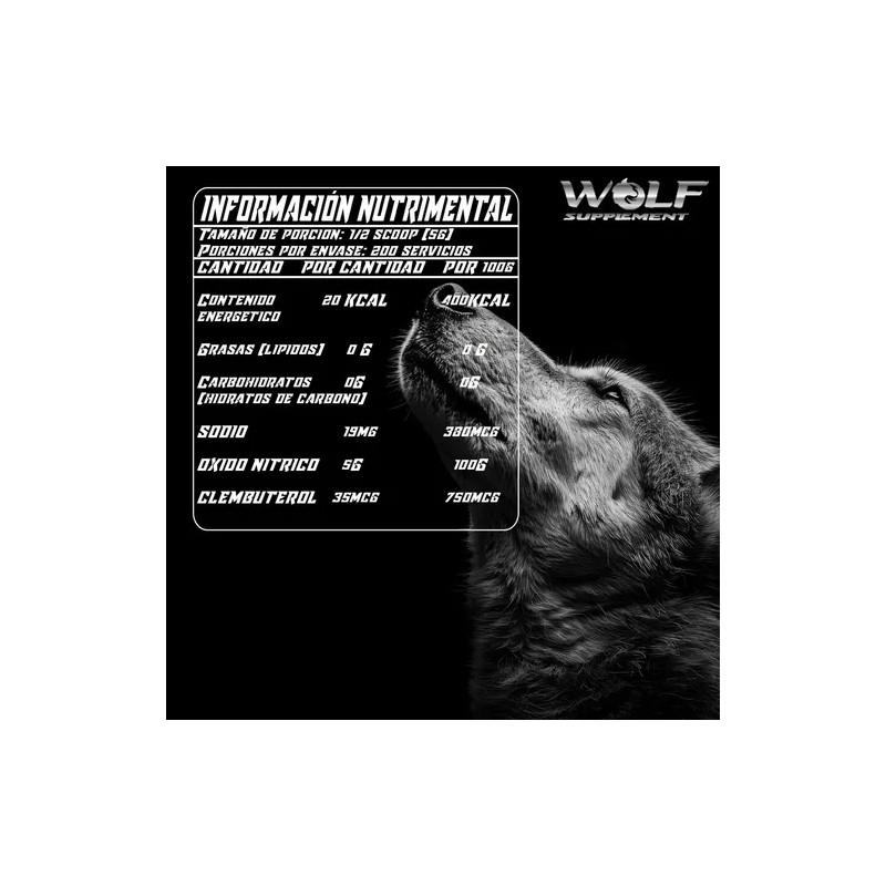 Óxido Nítrico + Clembuterol Wolf Suplements 1kg Pre Entreno