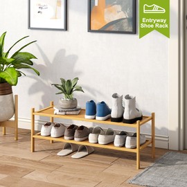 BMOSU 2-Tier Bamboo Extended Shoe Rack Premium Stackable Shoe Shelf Storage Organizer for Hallway Closet Living Room Entryway Organizer(Natural)