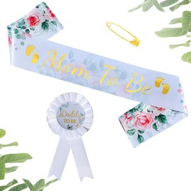 Mom To Be Sash and Daddy To Be Badge Pins for Baby Shower Boy Girl Greenery Sage Green Mom To Be Sash & Dad To Be Pin Gender Reveal Party Decorations Pregnant Mommy Gift (Green leef+ flower style)