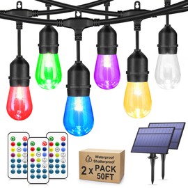 Larkvue 100FT(2x50FT) RGB Solar Outdoor String Lights with Remote, Multicolor&Warm White Dimmable Waterproof Patio Lights with 30 LED S14 Bulbs-Black