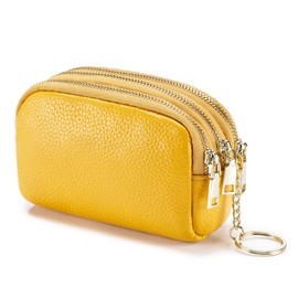 GOOPAI 3 Zippered Genuine Leather Coin Purse Triple Capacity Change Pouch Little Travel Wallet with Key Ring for Women