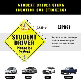 Ohleats 2PCS Student Driver Sticker for Car Window, 5"x5" Please Be Patient Student Driver Safety Sign with Suction Cups, Removable New Driver Warning Decal, Car Accessories (Black)