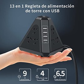NVEESHOX Multicontacto, Regleta Multicontacto con 9 Salidas CA y 4 USB, Regleta de 2M, Extension Electrica con Protector de Sobretensión para Casa, Oficina, Dorm