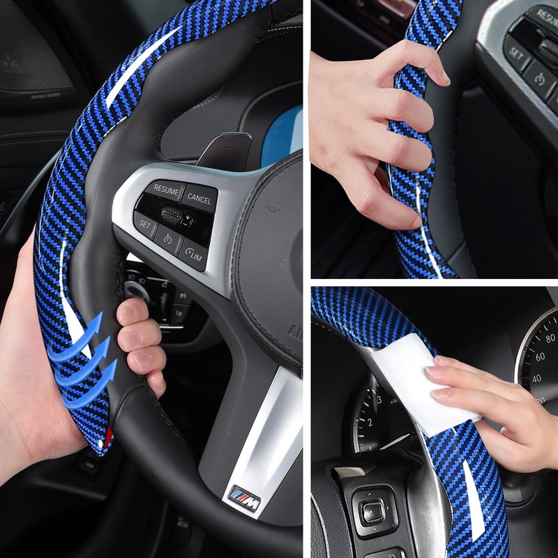 Car Steering Wheel Cover Set Bright Carbon Fiber Wrap Non-Slip