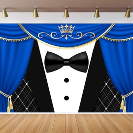 CapiSco Tuxedo Backdrop for Father or Boss Birthday Party Decorations, Blue Curtain Crown Gentleman Fathers Day Background for Photography, Gentleman Baby Birthday Party Supplies Banner 8x6ft