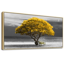 Framed Canvas Wall Art For Living Room Large Size Bedroom Wall Decor Black And White Scenery Wall Painting Office Wall Decoration Boho Home Decor Yellow Trees Wall Pictures Artwork Natural Wood Frames