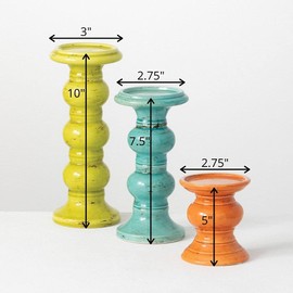 Sullivans Pillar Candle Holder Multi Color Set of Three (3), Orange, Teal, Yellow 5" H, 10" H & 12" H